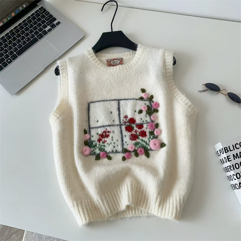 여성용 3D 수제 장미 자수 니트 조끼, O넥, 창문  - Embroidery Rose 리뷰 및 가격